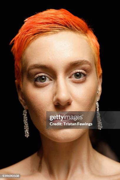 Model backstage ahead of the Cigdem Akin show during Mercedes Benz Fashion Week Istanbul at Zorlu Performance Hall on March 29, 2018 in Istanbul,...
