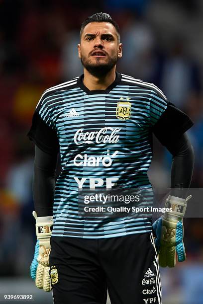 Sergio Romero goalkeeper of Argentina warms up prior to the International Friendly match between Spain and Argentina at Wanda Metropolitano Stadium...