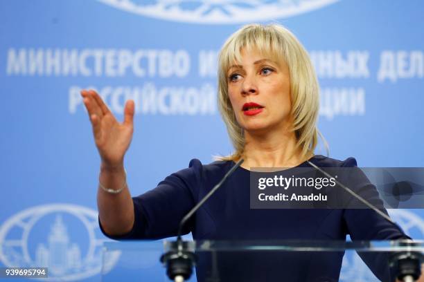 Director of the Information and Press Department of the Ministry of Foreign Affairs of Russia, Maria Zakharova speaks during a press conference at...