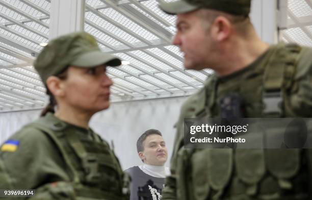 Arrested in accusation of terrorism MP Nadia Savchenko is seen in the court cage during the hearing in Kyiv, Ukraine, March 29, 2018. Appeal Court of...