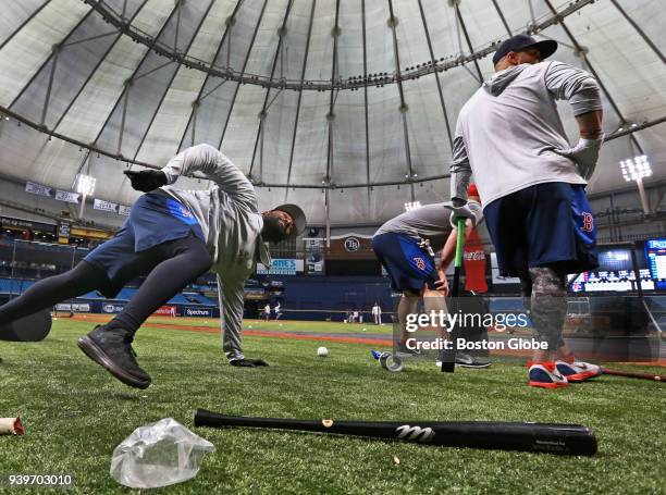 Boston Red Sox centerfielder Jackie Bradley, Jr. Works out outside of the batting cage. The Boston Red Sox held a workout session today to get ready...