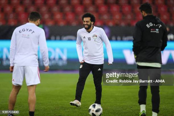 Mohamed Salah of Egypt has a joke during the International Friendly match between Egypt and Greece at Stadion Letzigrund at Letzigrund on March 27,...