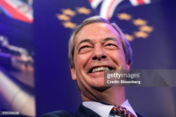 Nigel Farage, former leader of the U.K. Independence Party , reacts during the 'UK in a changing Europe' event in London, U.K., on Thursday, March...