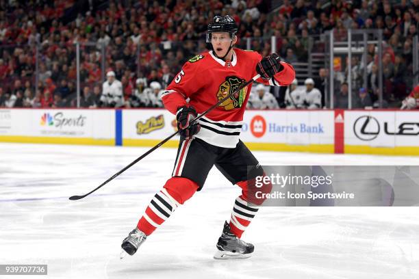 Chicago Blackhawks defenseman Connor Murphy skates in action during a game between the Chicago Blackhawks and the San Jose Sharks on March 26 at the...