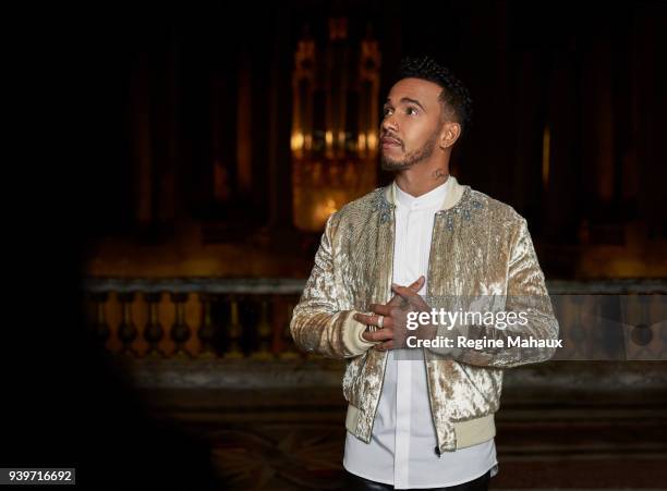 Driver Lewis Hamilton is photographed for Paris Match on December 2017 in Versailles, France.