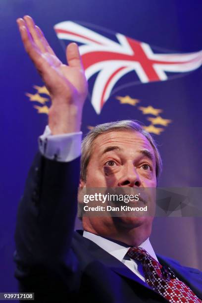 Former UKIP leader Nigel Farage takes part in a Q&A with Anand Menon, Professor of European Politics and Foreign Affairs at King's College London,...