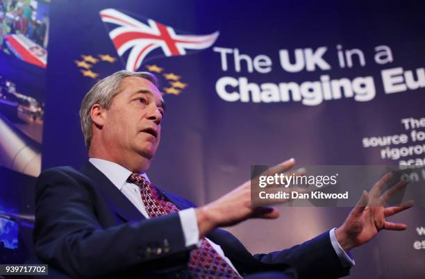 Former UKIP leader Nigel Farage takes part in a Q&A with Anand Menon, Professor of European Politics and Foreign Affairs at King's College London,...