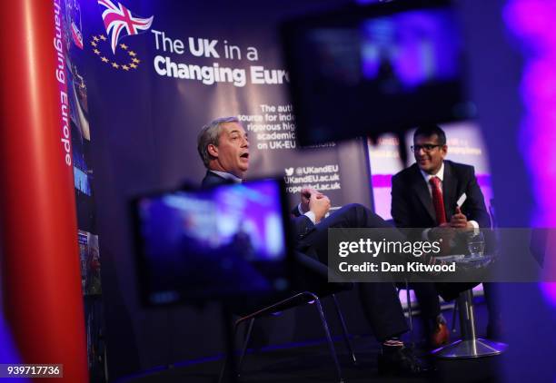 Former UKIP leader Nigel Farage takes part in a Q&A with Anand Menon, Professor of European Politics and Foreign Affairs at King's College London,...