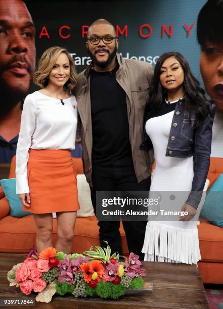 Satcha Pretto, Tyler Perry and Taraji P. Henson are seen on the set of "Despierta America" at Univision Studios to promote the film "ACRIMONY" on...