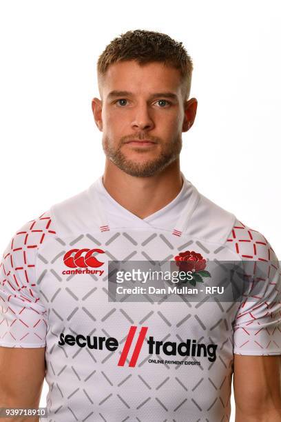 Tom Mitchell of England poses for a portrait during the England Sevens Squad Photocall at Twickenham Stadium on March 22, 2018 in London, England.
