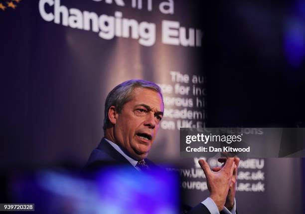 Former UKIP leader Nigel Farage takes part in a Q&A with Anand Menon, Professor of European Politics and Foreign Affairs at King's College London,...