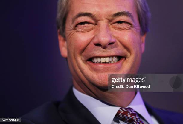 Former UKIP leader Nigel Farage takes part in a Q&A with Anand Menon, Professor of European Politics and Foreign Affairs at King's College London,...