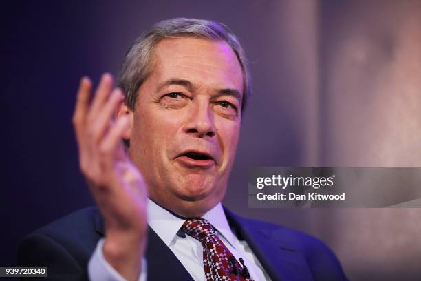 Former UKIP leader Nigel Farage takes part in a Q&A with Anand Menon, Professor of European Politics and Foreign Affairs at King's College London,...