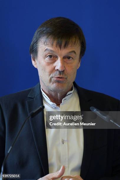 Nicolas Hulot Minister of Ecological and Inclusive Transition answers journalists questions during a press conference on March 29, 2018 in Paris,...