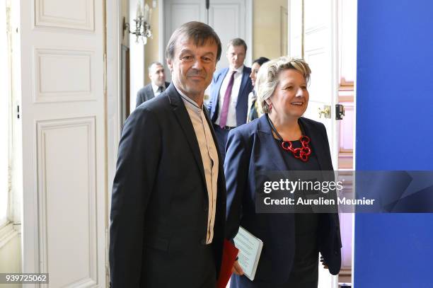 German Environment Minister Svenja Schulze and Nicolas Hulot French Minister of Ecological and Inclusive Transition arrive to a press conference...