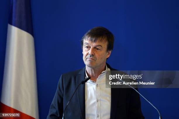 Nicolas Hulot Minister of Ecological and Inclusive Transition answers journalists questions during a press conference on March 29, 2018 in Paris,...