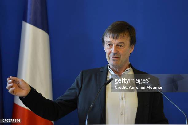 Nicolas Hulot Minister of Ecological and Inclusive Transition answers journalists questions during a press conference on March 29, 2018 in Paris,...