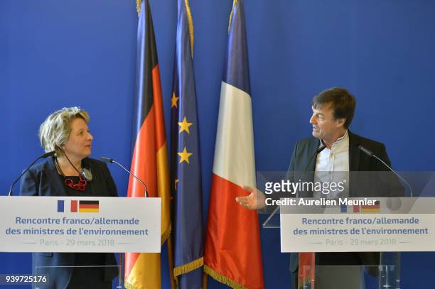German Environment Minister Svenja Schulze and Nicolas Hulot French Minister of Ecological and Inclusive Transition answer journalists questions...