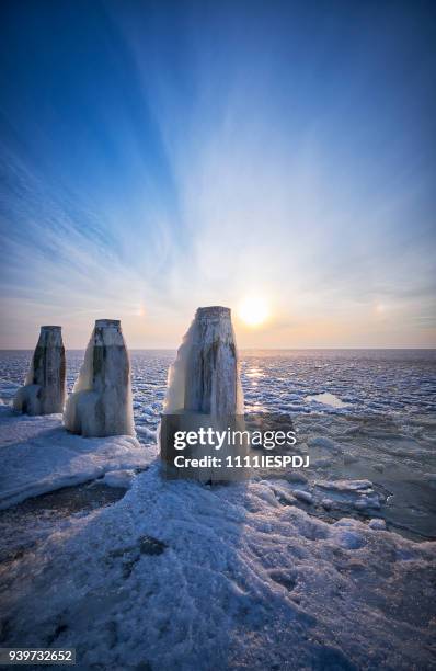 frozen lake with an icy poles during sunrise - 1111iespdj stock pictures, royalty-free photos & images