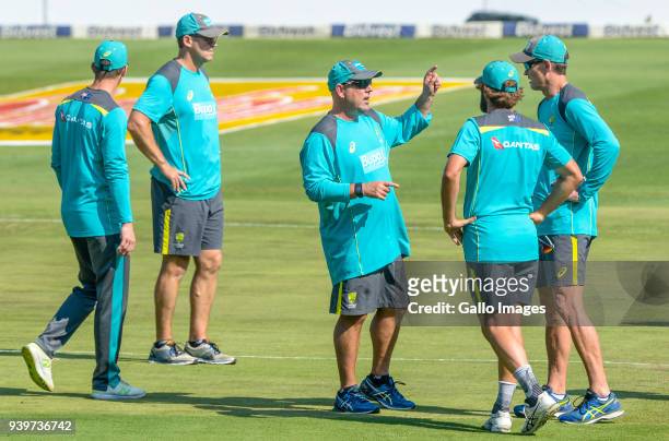 Australian cricket players and coach Darren Lehmann during the Australia national mens cricket team training session at Bidvest Wanderers Stadium on...