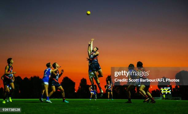Devereux Pretty of the Calder Cannons competes for the ball during the round two TAC Cup match between Calder and Eastern Ranges at RAMS Arena on...