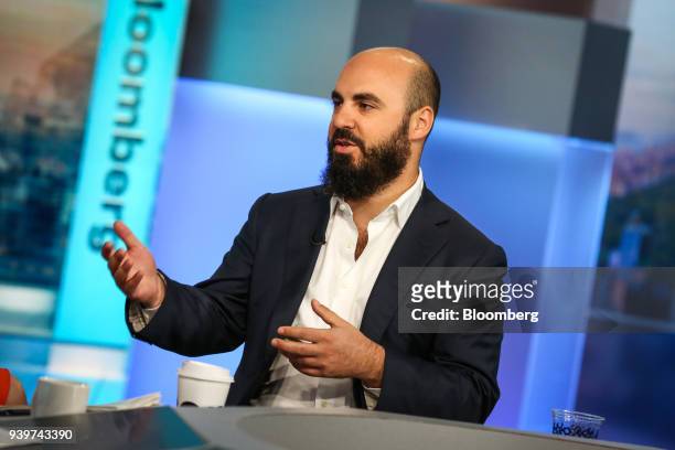 Leigh Drogen, chief executive officer of Estimize Inc., speaks during a Bloomberg Television interview in New York, U.S., on Thursday, March 29,...