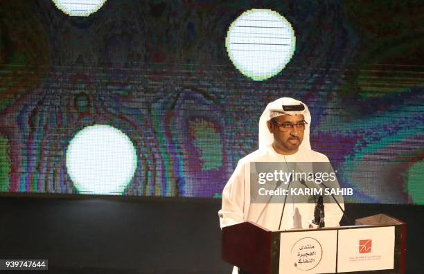 Head of the Fujairah culture media authority gives a speech Hamdan Karam Al Kaabi during the launching of the Innovation Award in the Gulf emirate of...