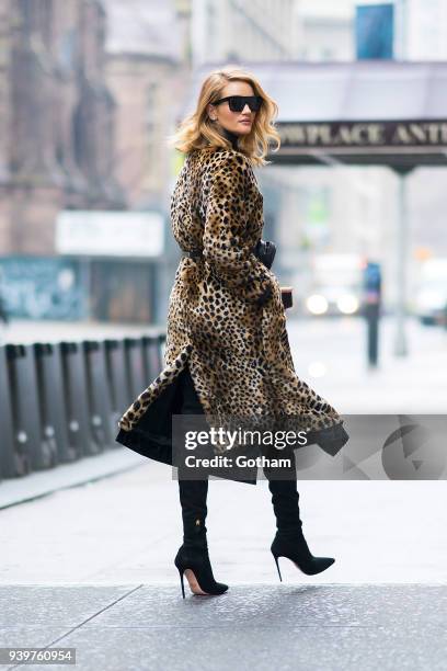 Rosie Huntington-Whiteley is seen wearing an Attica coat with a Gucci fanny pack in Chelsea on March 29, 2018 in New York City.