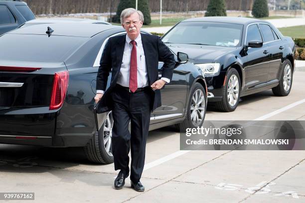 Incoming National Security Advisor John Bolton arrives at the Pentagon before a meeting with US Secretary of Defense James Mattis March 29, 2018 in...