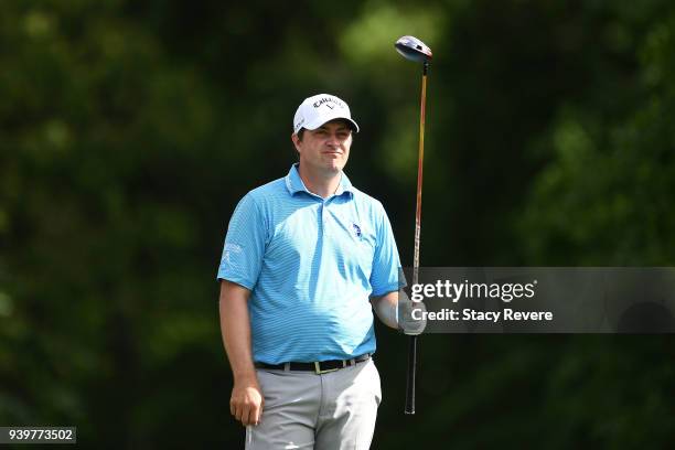 Brian Stuard hits his tee shot on the second hole during the first round of the Houston Open at the Golf Club of Houston on March 29, 2018 in Humble,...