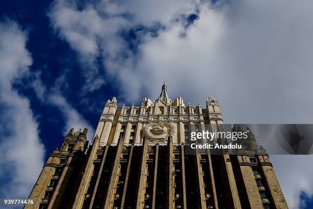 Ministry of Foreign Affairs of Russia main building is seen in Moscow, Russia on March 29, 2018. Russia has decided to close the U.S. Consulate in...