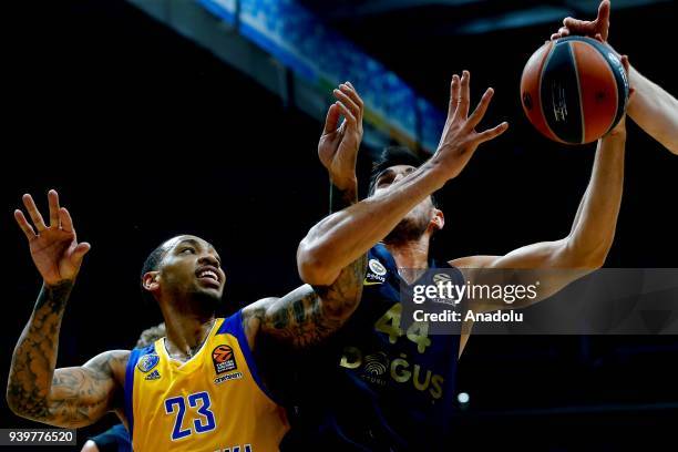 Ahmet Duverioglu of Fenerbahce Dogus in action against Malcolm Thomas of Khimki during a Turkish Airlines Euroleague week 29 basketball match between...