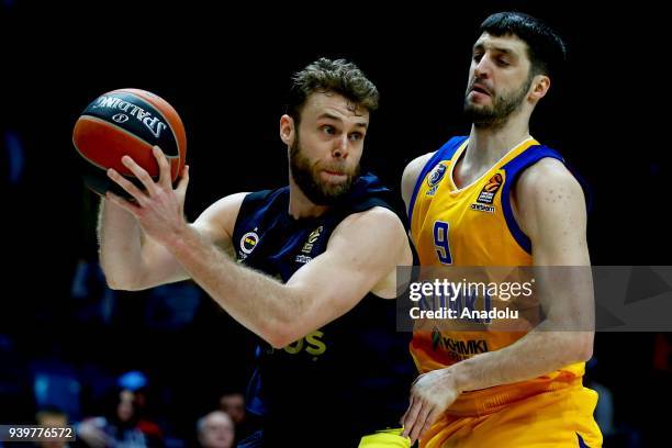 Nicolo Melli of Fenerbahce Dogus in action against Stefan Markovic of Khimki during a Turkish Airlines Euroleague week 29 basketball match between...