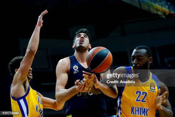 Ahmet Duverioglu of Fenerbahce Dogus in action against Charles Jenkins of Khimki during a Turkish Airlines Euroleague week 29 basketball match...