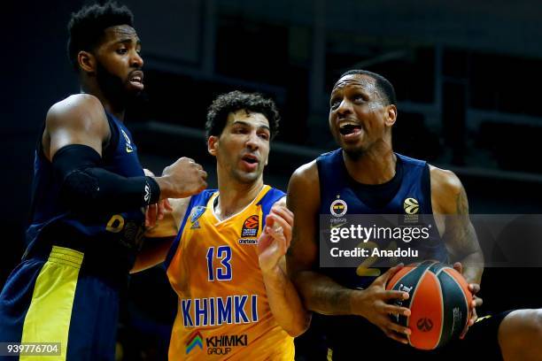 James Nunnally of Fenerbahce Dogus in action against Anthony Gill of Khimki during a Turkish Airlines Euroleague week 29 basketball match between...