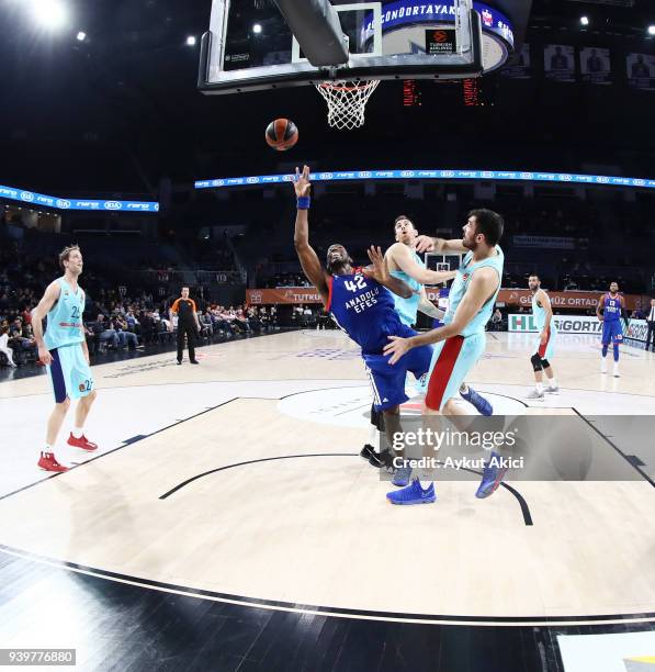 Bryant Dunston, #42 of Anadolu Efes Istanbul in action during the 2017/2018 Turkish Airlines EuroLeague Regular Season Round 29 game between Anadolu...