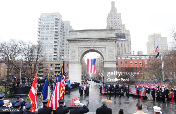 The flag draped coffin of FDNY Fire Marshal Capt. Christopher "Tripp" Zanetis is carried during his funeral in Washington Square Park March 29, 2018...