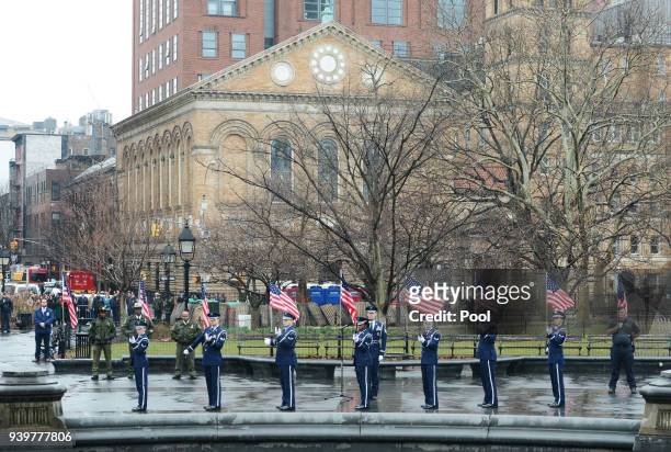Military color guard during the funeral of FDNY Fire Marshal Capt. Christopher "Tripp" Zanetis in Washington Square Park March 29, 2018 in New York...