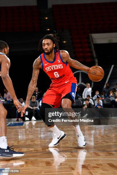 James Young of the Delaware 87ers handles the ball against the Lakeland Magic on March 23, 2018 at RP Funding Center in Lakeland, Florida. NOTE TO...