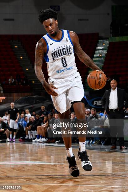 Jamel Artis of the Lakeland Magic handles the ball against the Delaware 87ers on March 23, 2018 at RP Funding Center in Lakeland, Florida. NOTE TO...