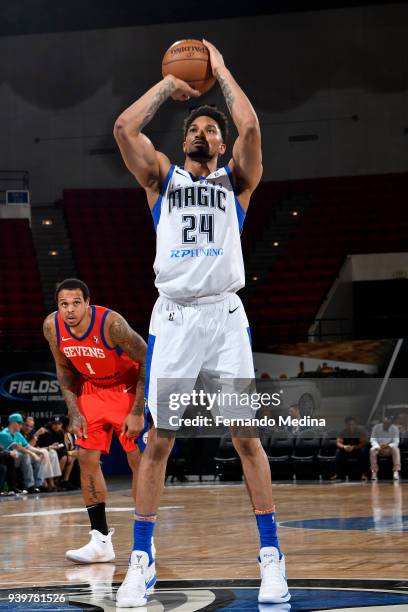 Khem Birch of Lakeland Magic shoots a free throw against the Delaware 87ers handles the ball against the Delaware 87ers on March 23, 2018 at RP...