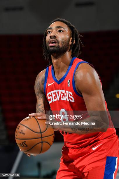 James Young of the Delaware 87ers shoots a free throw during the game against the Lakeland Magic on March 23, 2018 at RP Funding Center in Lakeland,...