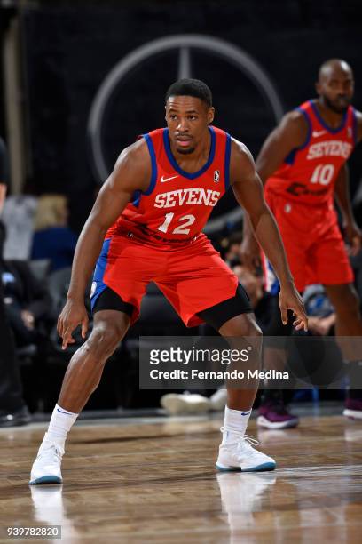 Demetrius Jackson of the Delaware 87ers looks on during the game against the Lakeland Magic on March 23, 2018 at RP Funding Center in Lakeland,...