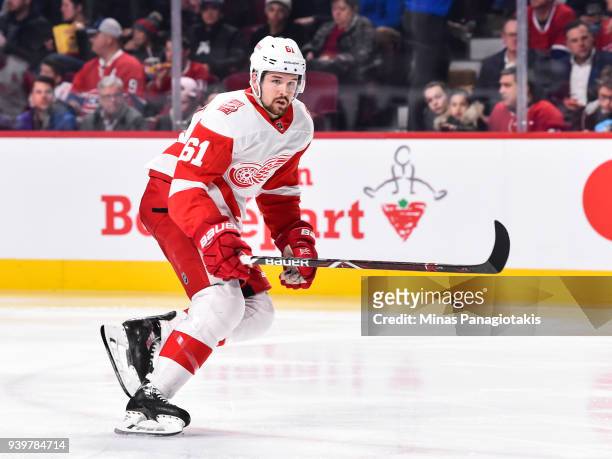 Xavier Ouellet of the Detroit Red Wings skates against the Montreal Canadiens during the NHL game at the Bell Centre on March 26, 2018 in Montreal,...