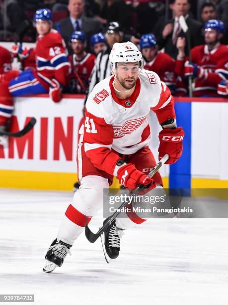 Luke Glendening of the Detroit Red Wings skates against the Montreal Canadiens during the NHL game at the Bell Centre on March 26, 2018 in Montreal,...