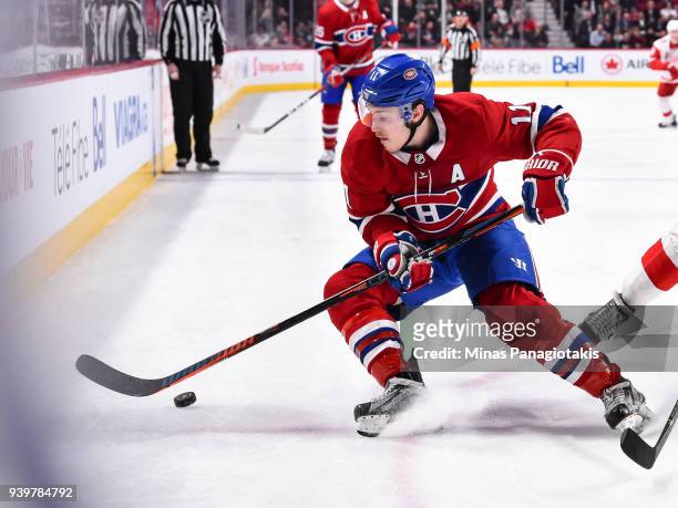 Brendan Gallagher of the Montreal Canadiens skates the puck against the Detroit Red Wings during the NHL game at the Bell Centre on March 26, 2018 in...
