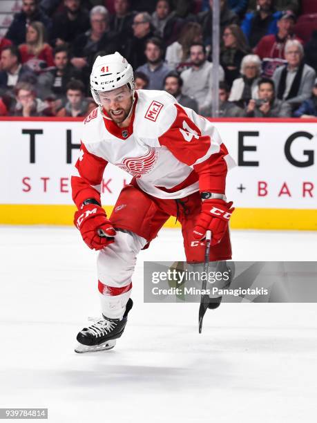 Luke Glendening of the Detroit Red Wings skates against the Montreal Canadiens during the NHL game at the Bell Centre on March 26, 2018 in Montreal,...