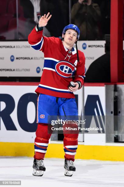 Brendan Gallagher of the Montreal Canadiens acknowledges the fans after a victory against the Detroit Red Wings during the NHL game at the Bell...