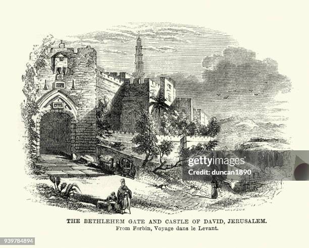 bethlehem gate and castle of david, jerusalem, 19th century - city gate stock illustrations