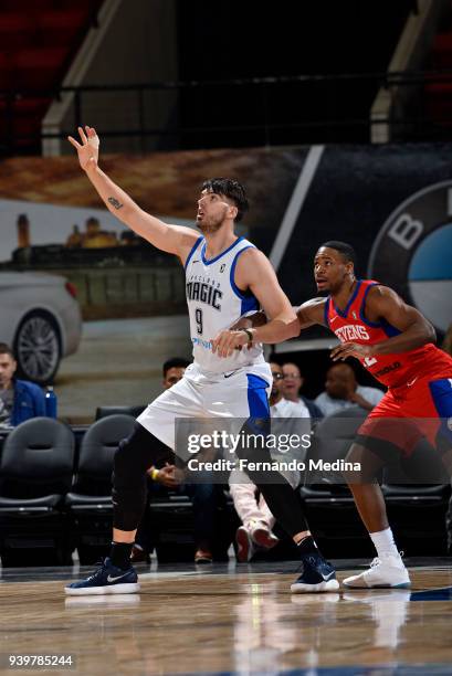 Byron Mullens of the Lakeland Magic calls for the ball against the Delaware 87ers on March 23, 2018 at RP Funding Center in Lakeland, Florida. NOTE...